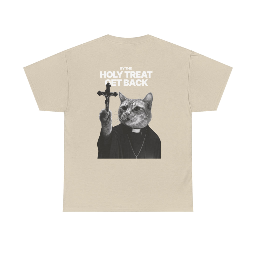 Cat Priest T‑Shirt — “By the Holy Treat I Get Back” Retro Graphic Tee