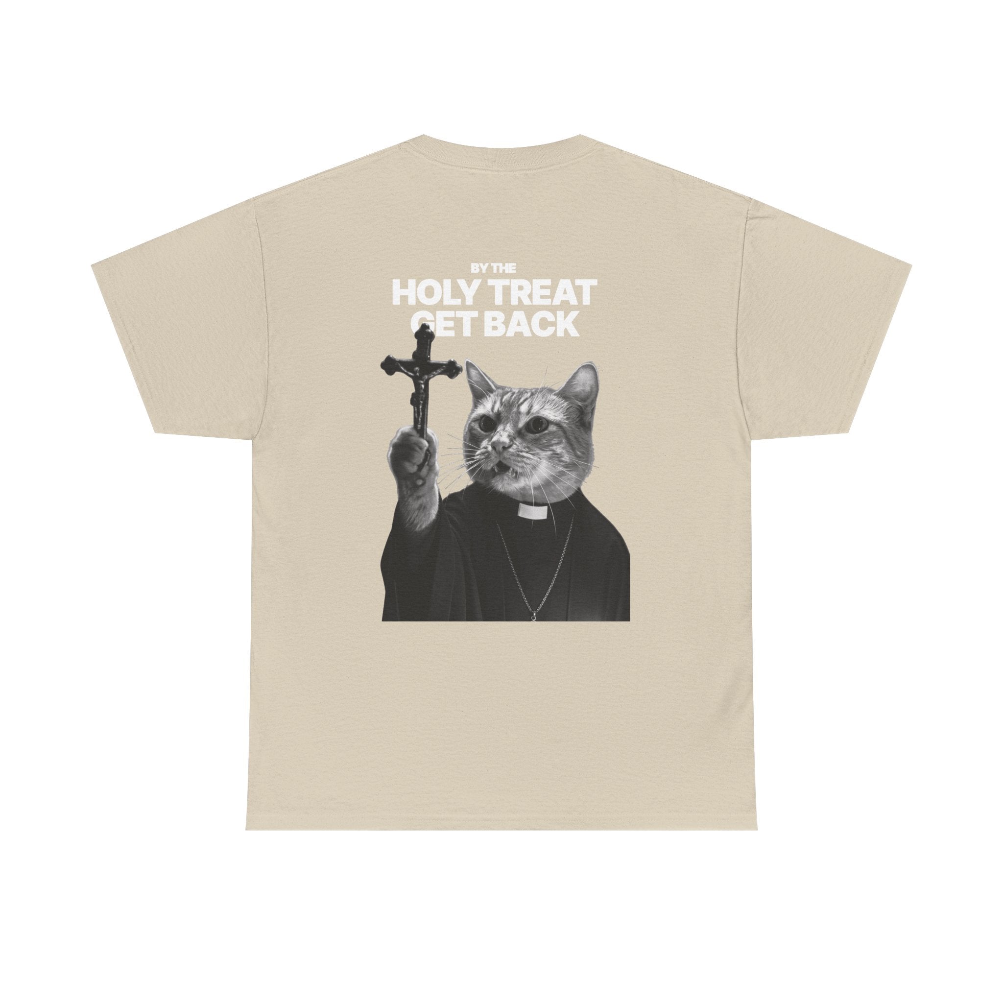Cat Priest T‑Shirt — “By the Holy Treat I Get Back” Retro Graphic Tee