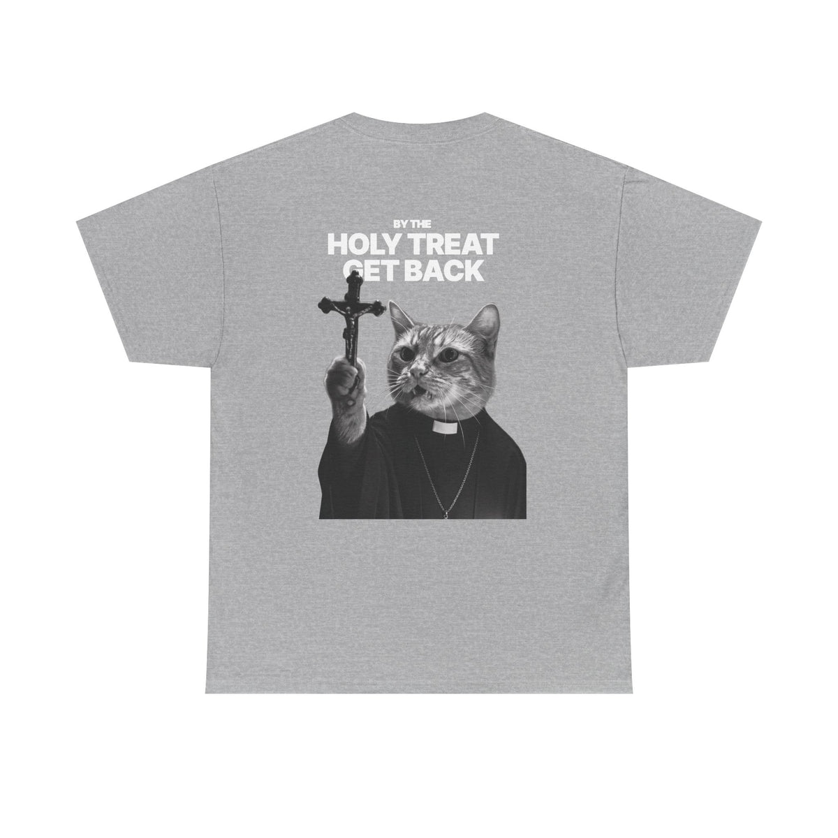 Cat Priest T‑Shirt — “By the Holy Treat I Get Back” Retro Graphic Tee