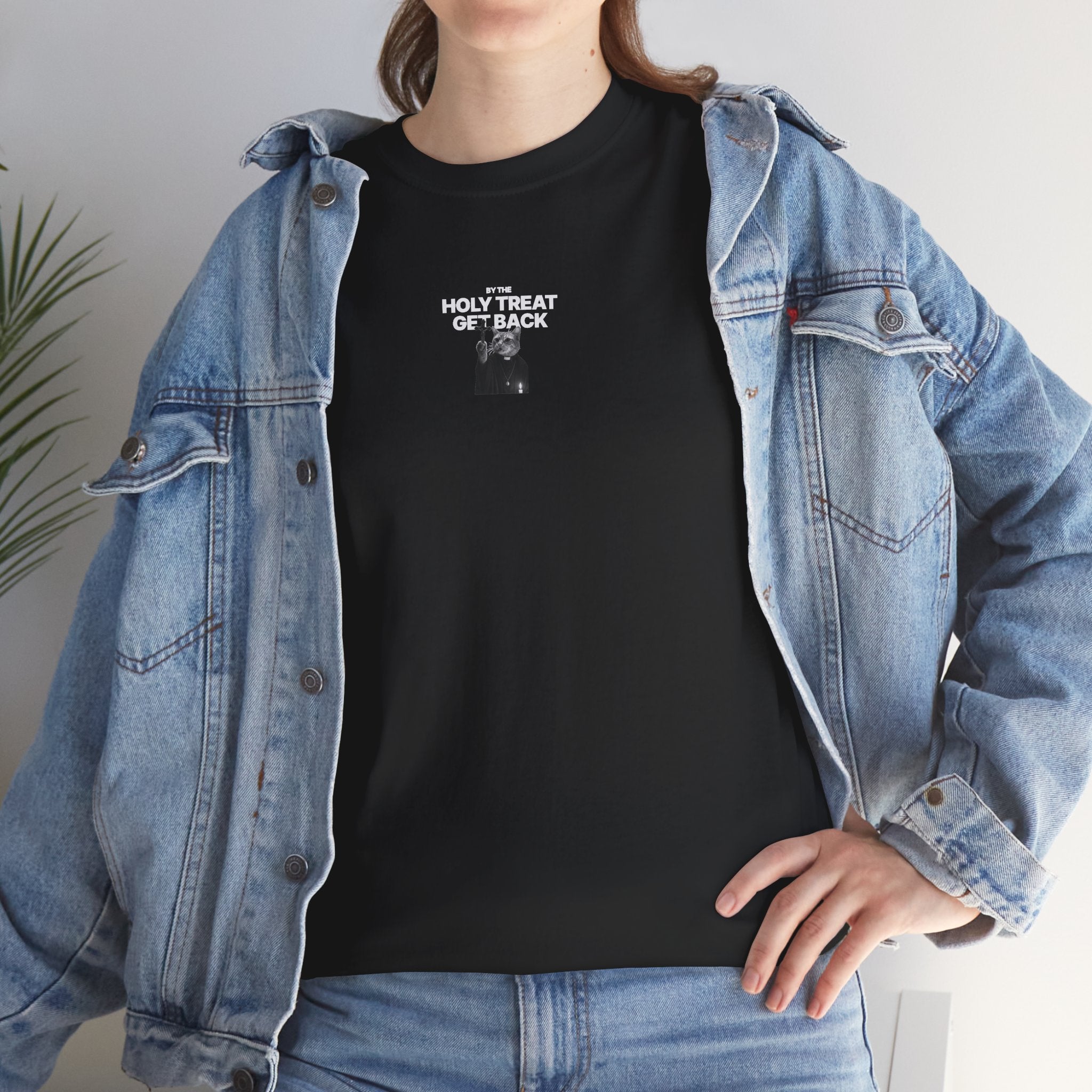 Cat Priest T‑Shirt — “By the Holy Treat I Get Back” Retro Graphic Tee