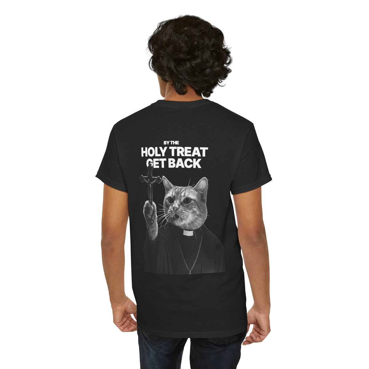 Cat Priest T‑Shirt — “By the Holy Treat I Get Back” Retro Graphic Tee