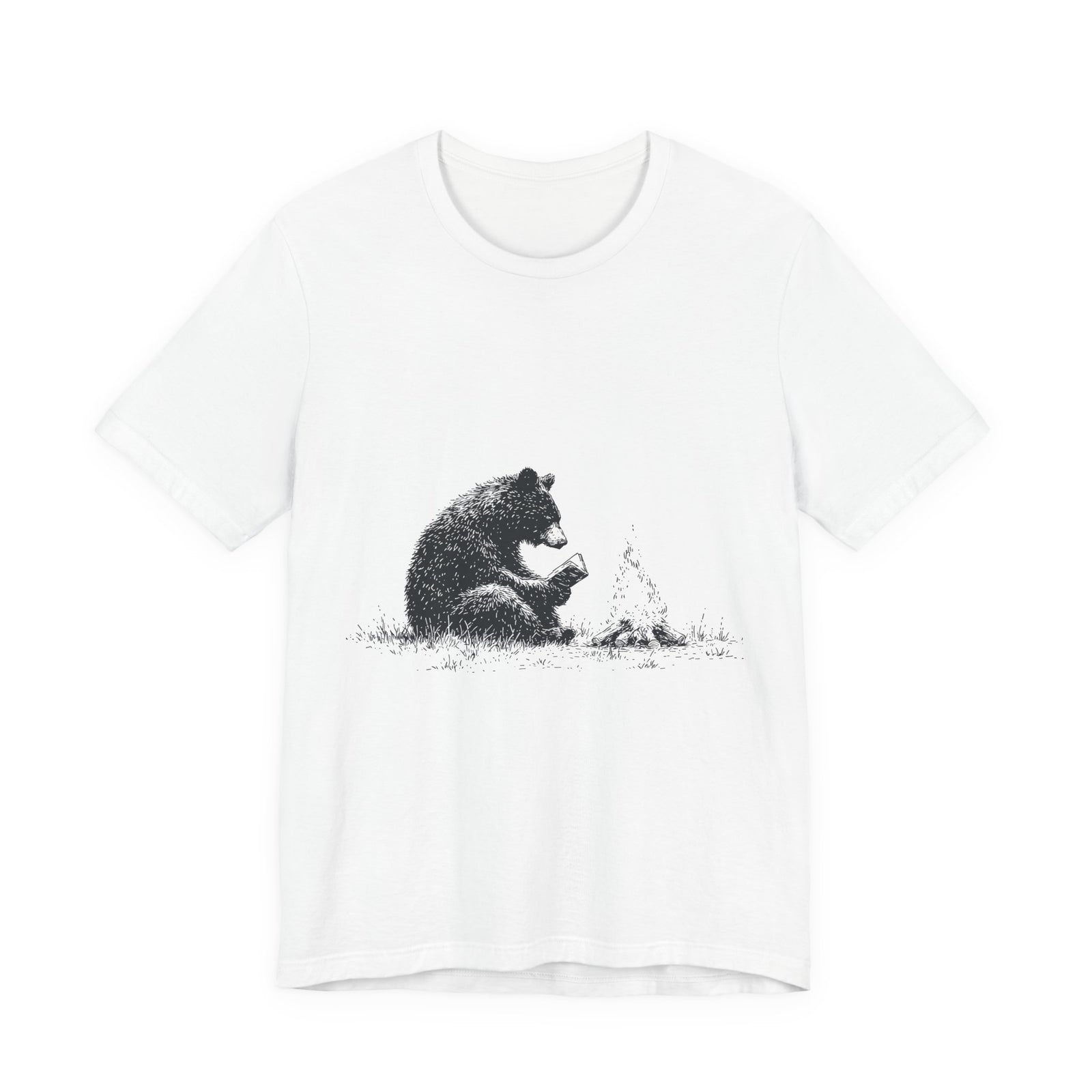 Campfire Reading Bear Unisex T-Shirt – Cozy Book Lover Graphic Tee