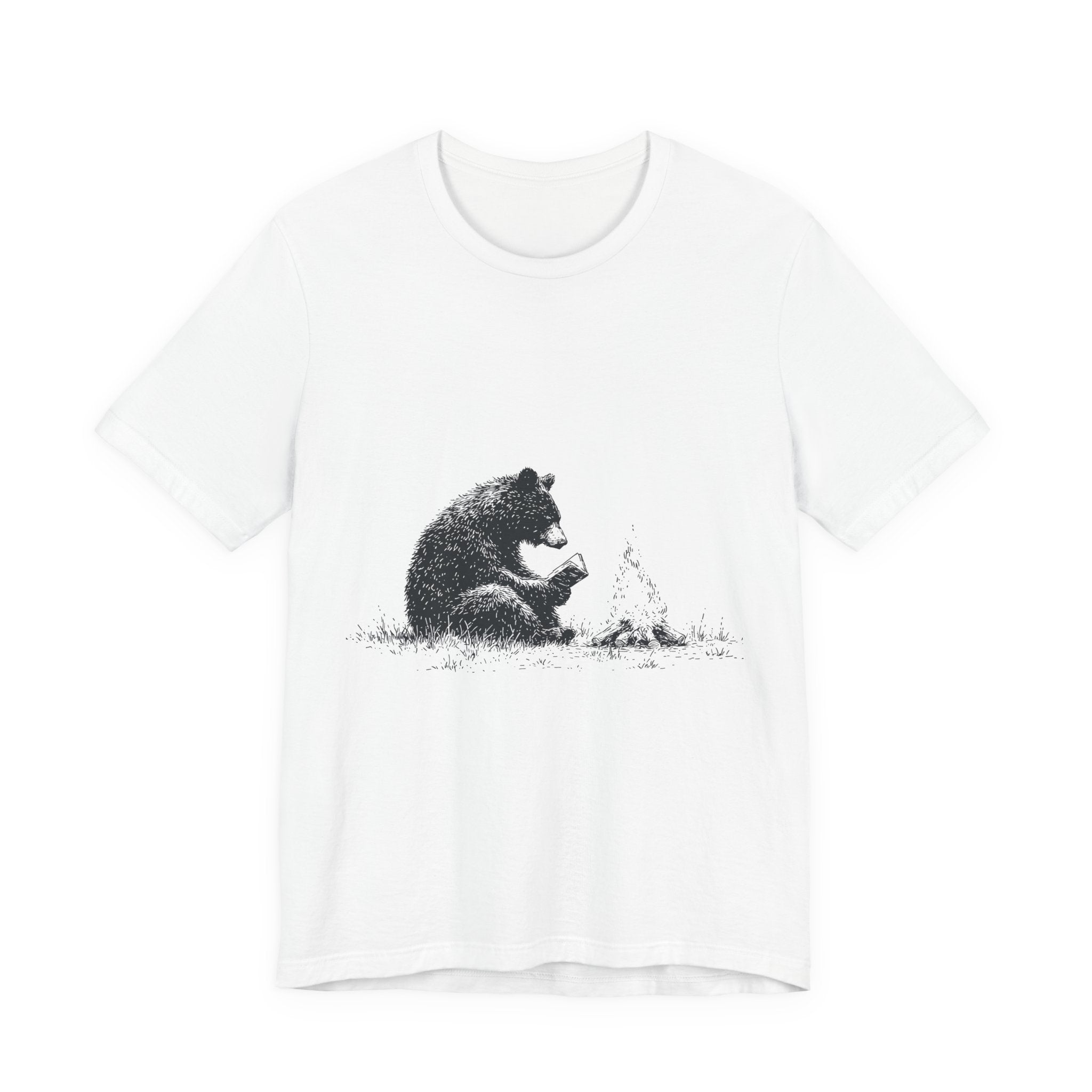 Campfire Reading Bear Unisex T-Shirt – Cozy Book Lover Graphic Tee