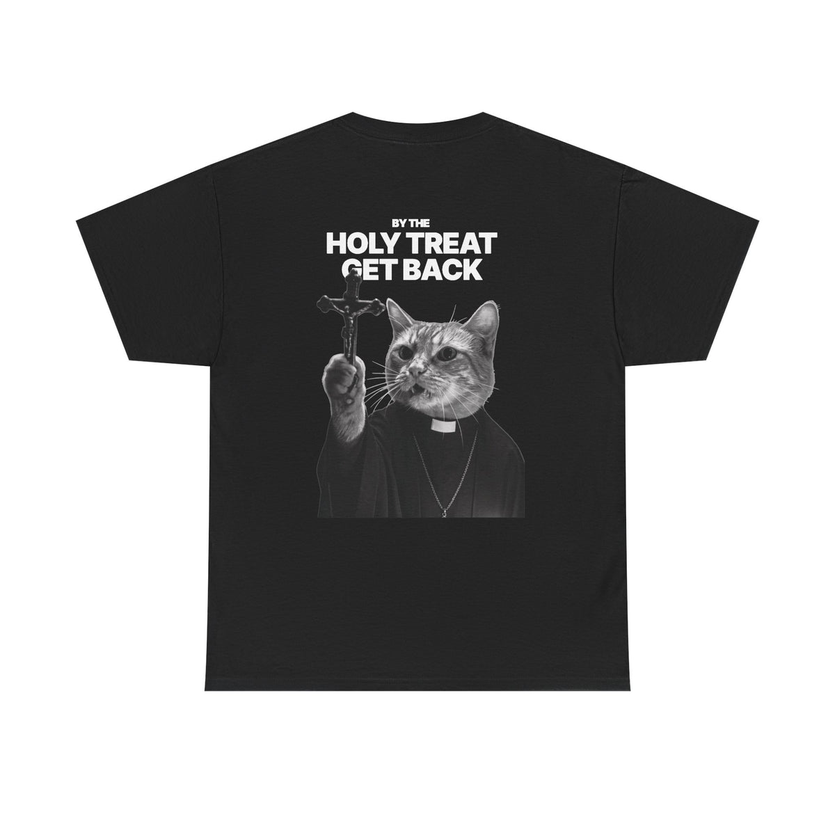 Cat Priest T‑Shirt — “By the Holy Treat I Get Back” Retro Graphic Tee