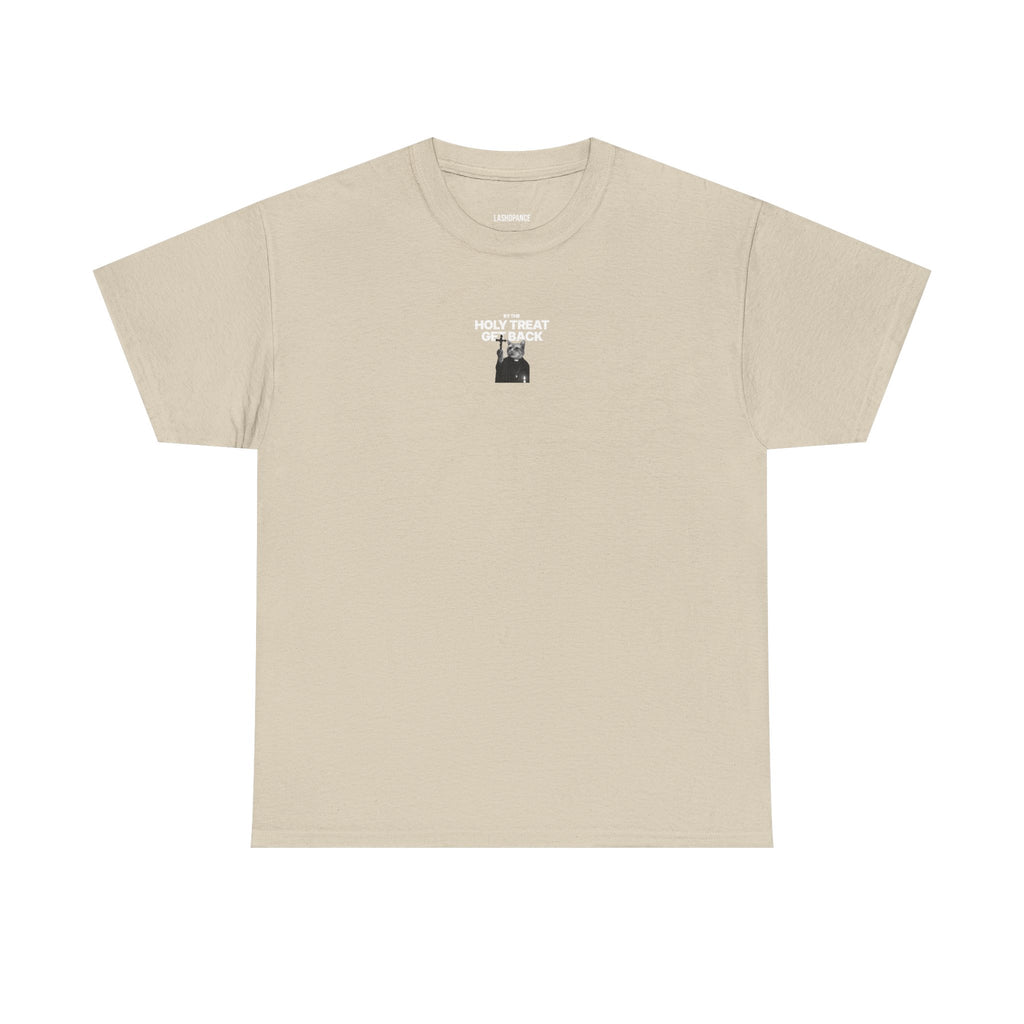 Cat Priest T‑Shirt — “By the Holy Treat I Get Back” Retro Graphic Tee