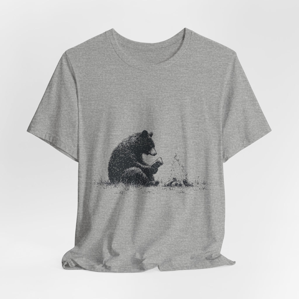 Campfire Reading Bear Unisex T-Shirt – Cozy Book Lover Graphic Tee