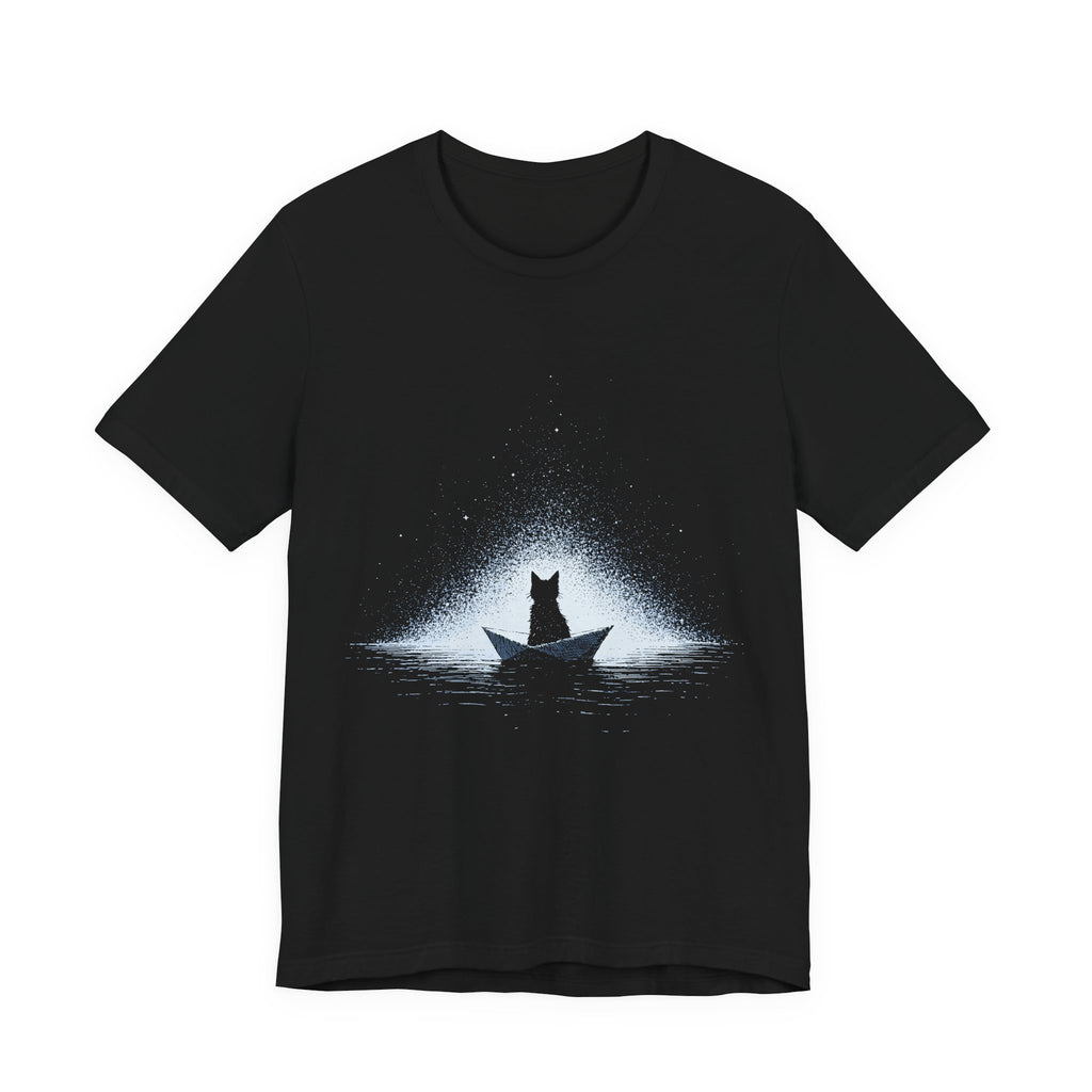 Paper Boat Cat Unisex T-Shirt – Moonlit Ocean Graphic Tee