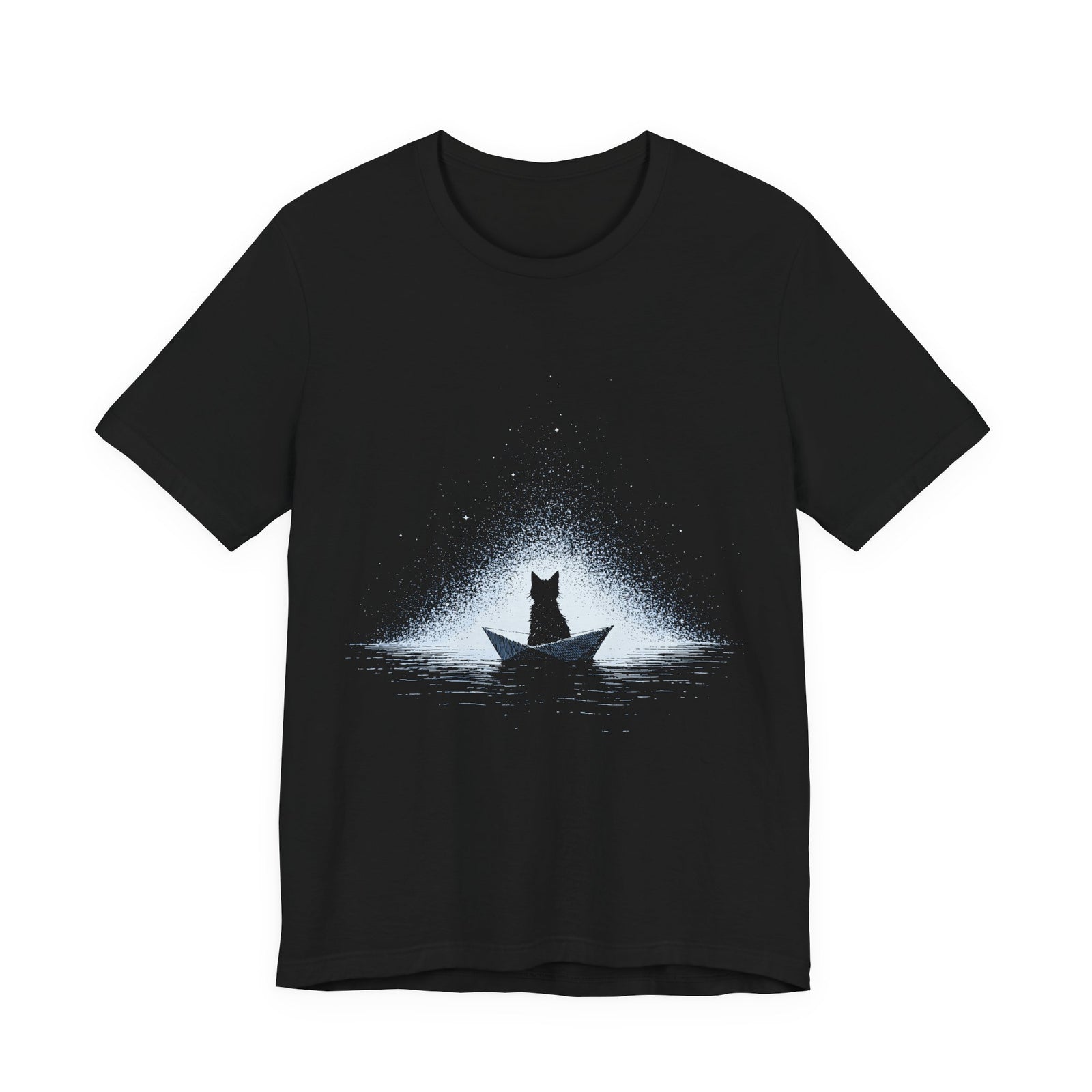 Paper Boat Cat Unisex T-Shirt – Moonlit Ocean Graphic Tee
