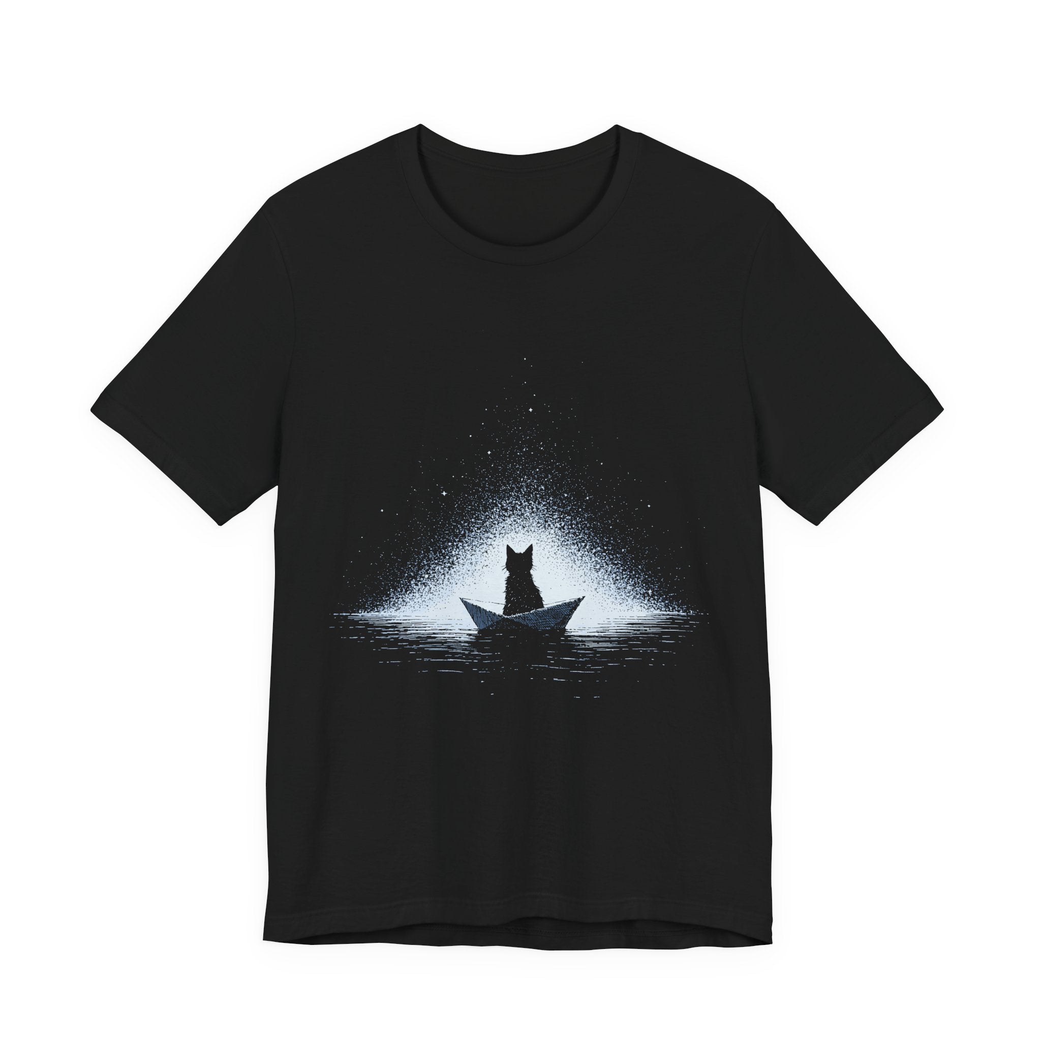 Paper Boat Cat Unisex T-Shirt – Moonlit Ocean Graphic Tee