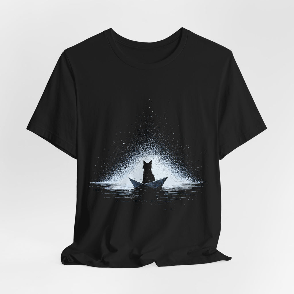 Paper Boat Cat Unisex T-Shirt – Moonlit Ocean Graphic Tee