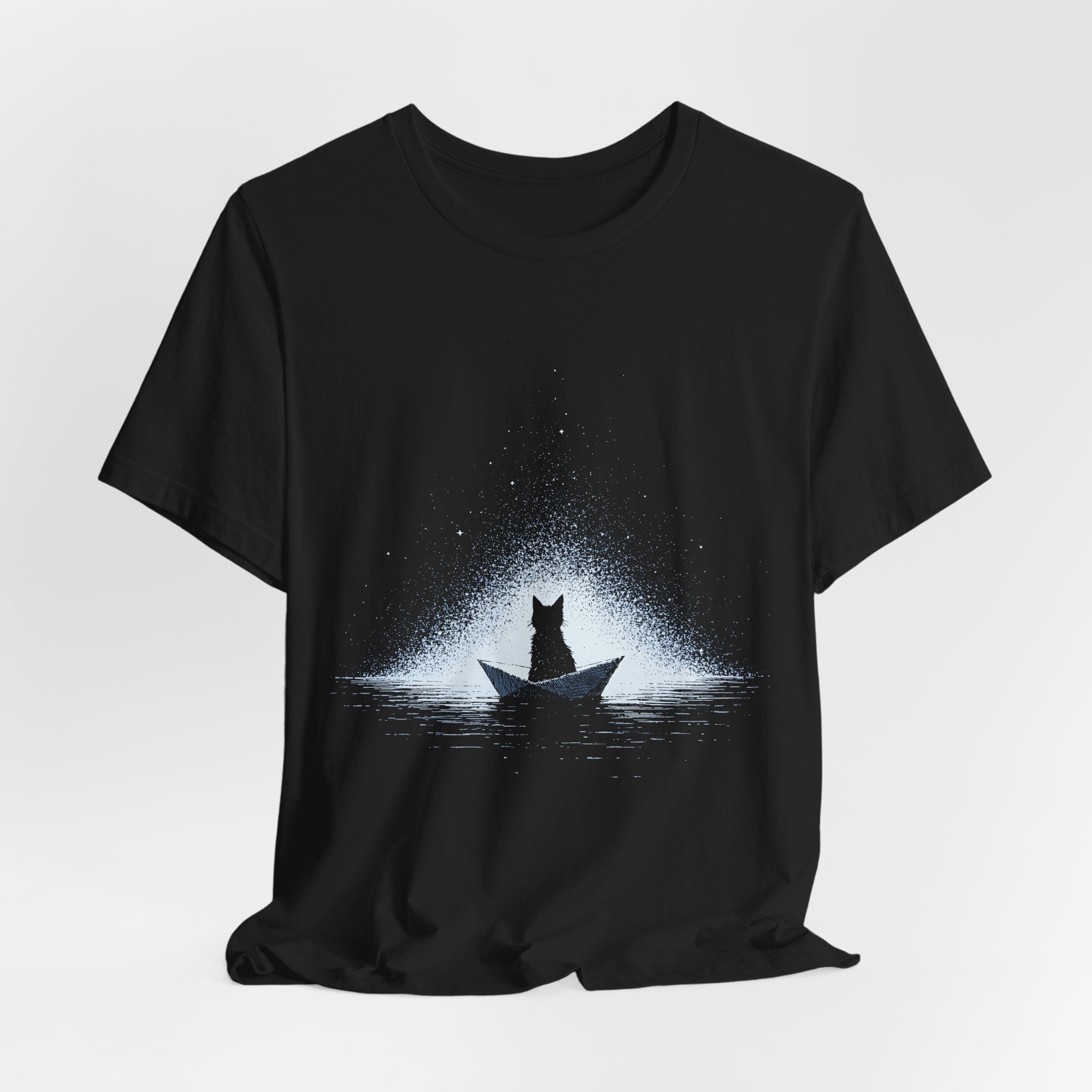 Paper Boat Cat Unisex T-Shirt – Moonlit Ocean Graphic Tee