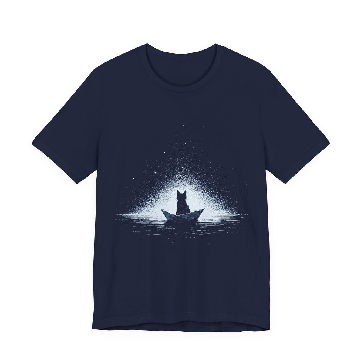 Paper Boat Cat Unisex T-Shirt – Moonlit Ocean Graphic Tee