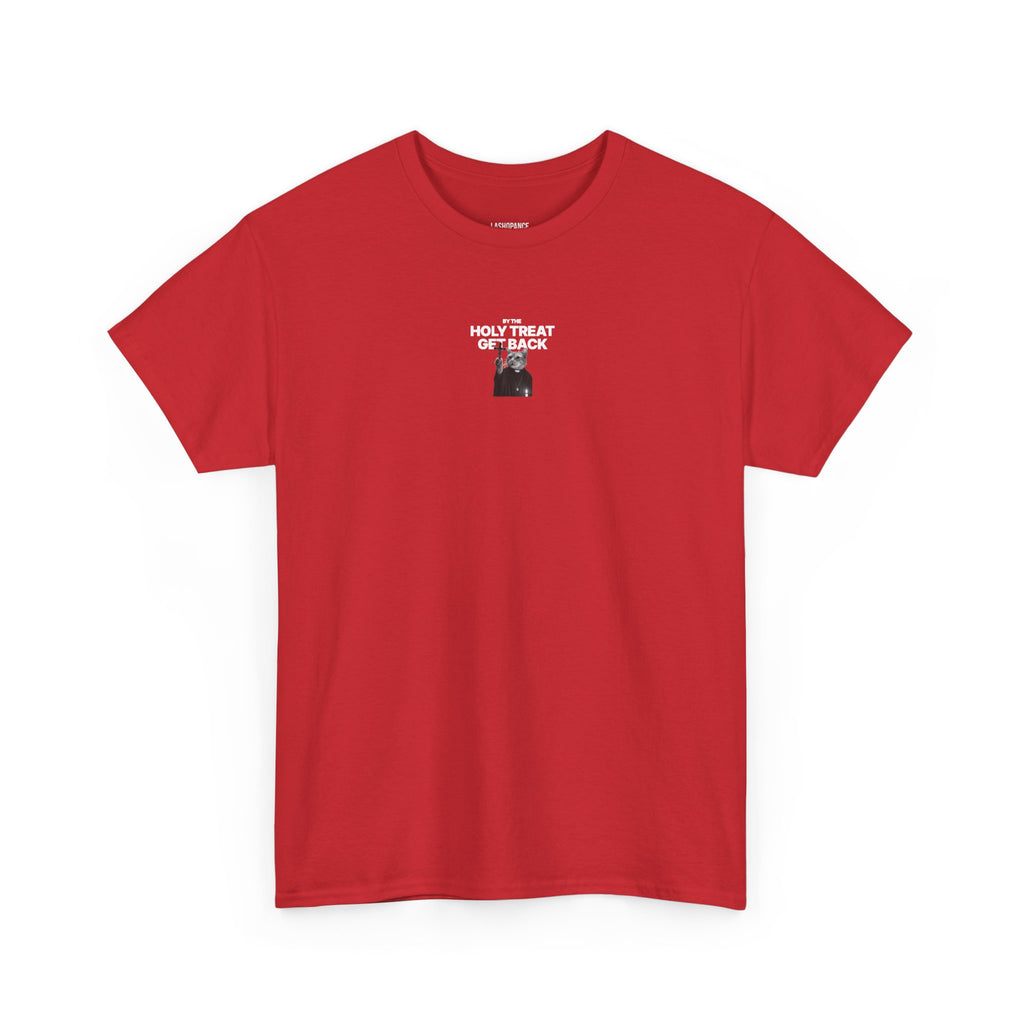 Cat Priest T‑Shirt — “By the Holy Treat I Get Back” Retro Graphic Tee
