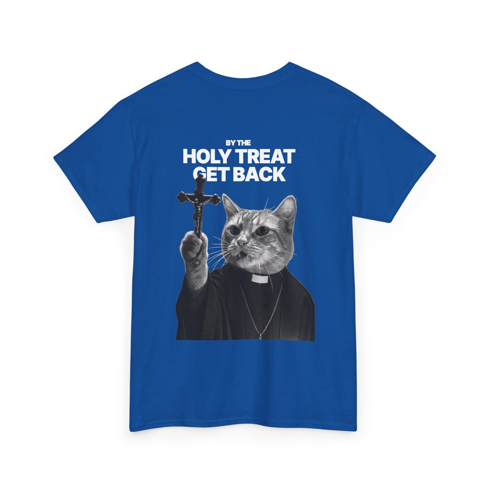 Cat Priest T‑Shirt — “By the Holy Treat I Get Back” Retro Graphic Tee