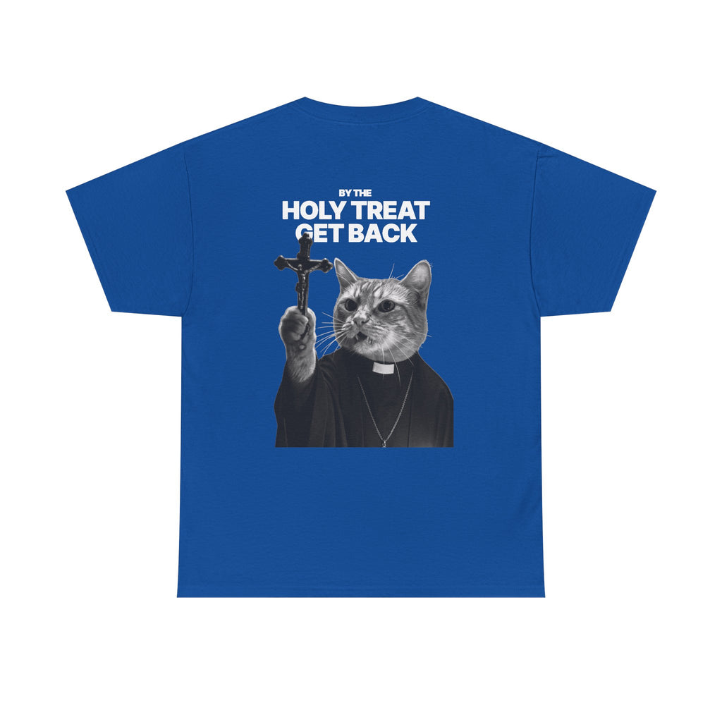 Cat Priest T‑Shirt — “By the Holy Treat I Get Back” Retro Graphic Tee