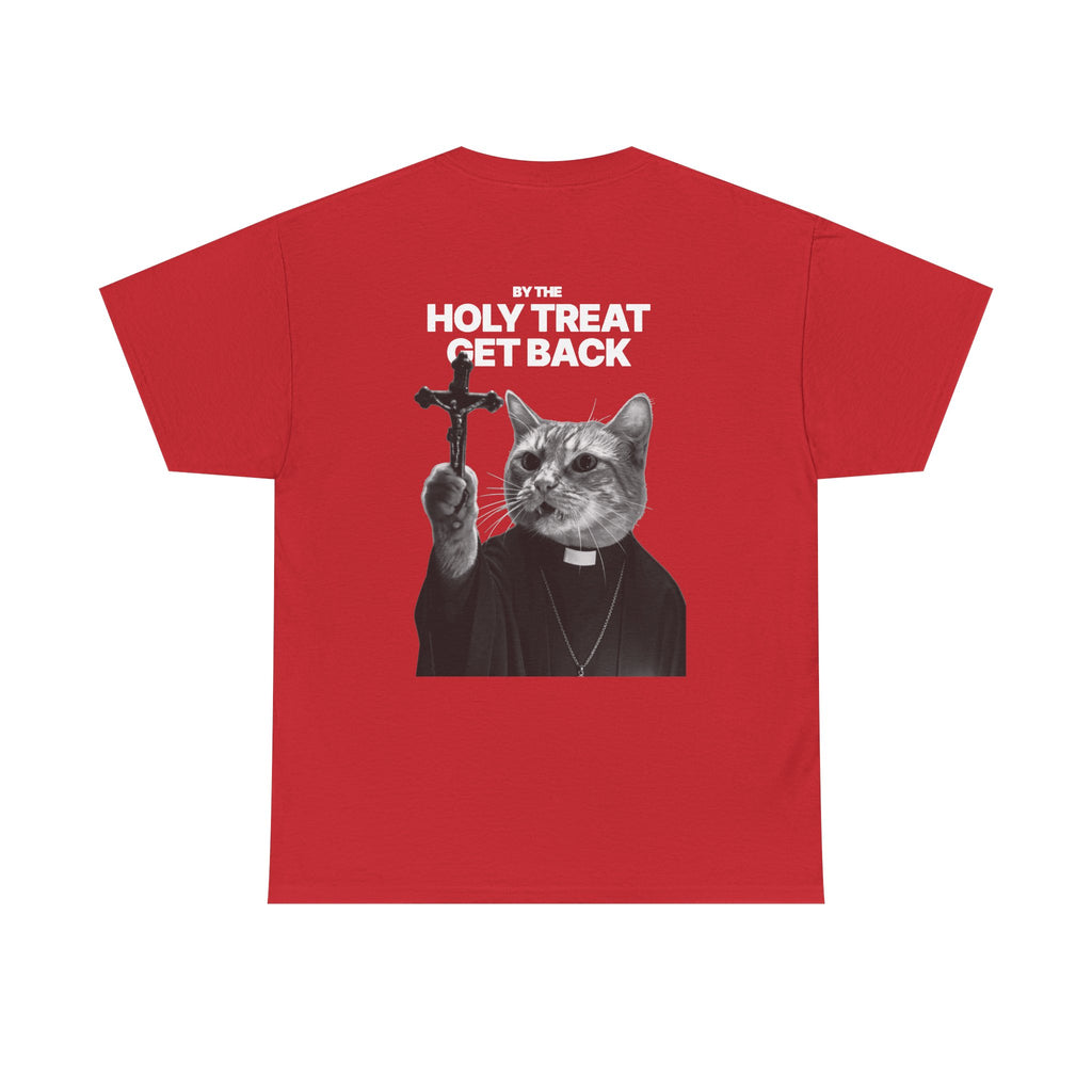 Cat Priest T‑Shirt — “By the Holy Treat I Get Back” Retro Graphic Tee
