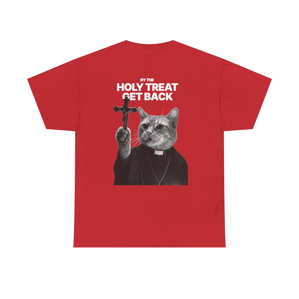 Cat Priest T‑Shirt — “By the Holy Treat I Get Back” Retro Graphic Tee