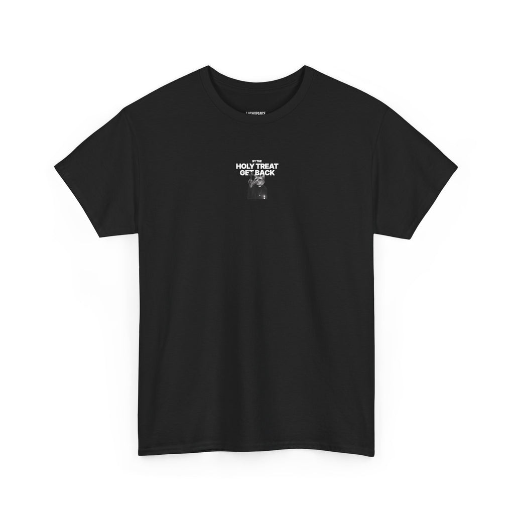 Cat Priest T‑Shirt — “By the Holy Treat I Get Back” Retro Graphic Tee